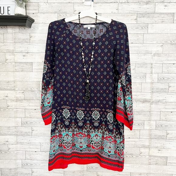 Risesun Blue & Red Bohemian Print Shift Dress, S - Picture 7 of 8